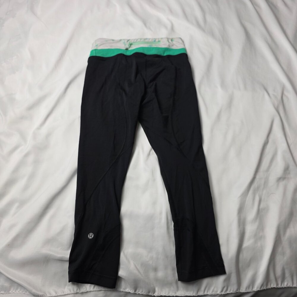 Lululemon Black Cropped Leggings with Green Floral Waistband